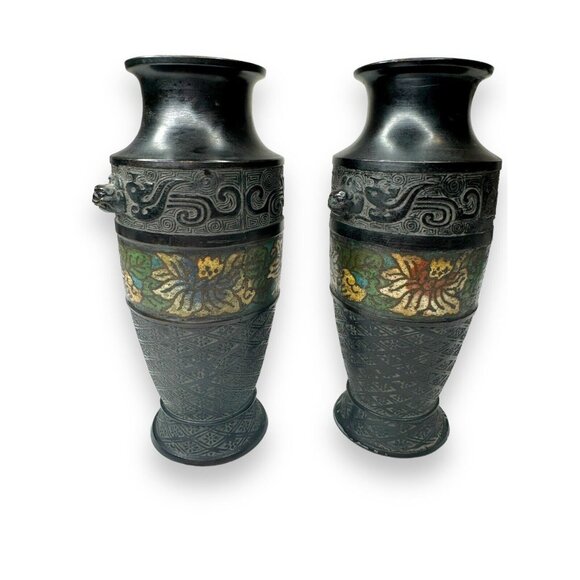 Antique Chinese Cloissone Bronze Vases Set Of 2 - Picture 1 of 16